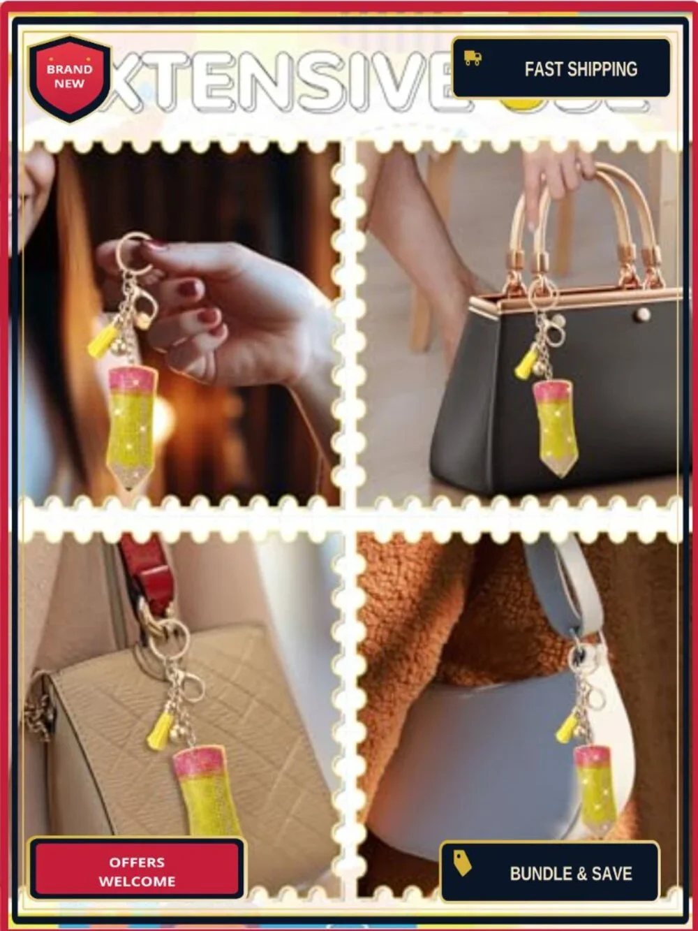 Set of 12 Rhinestone Pencil Keychains Stainless Steel Purse Charm